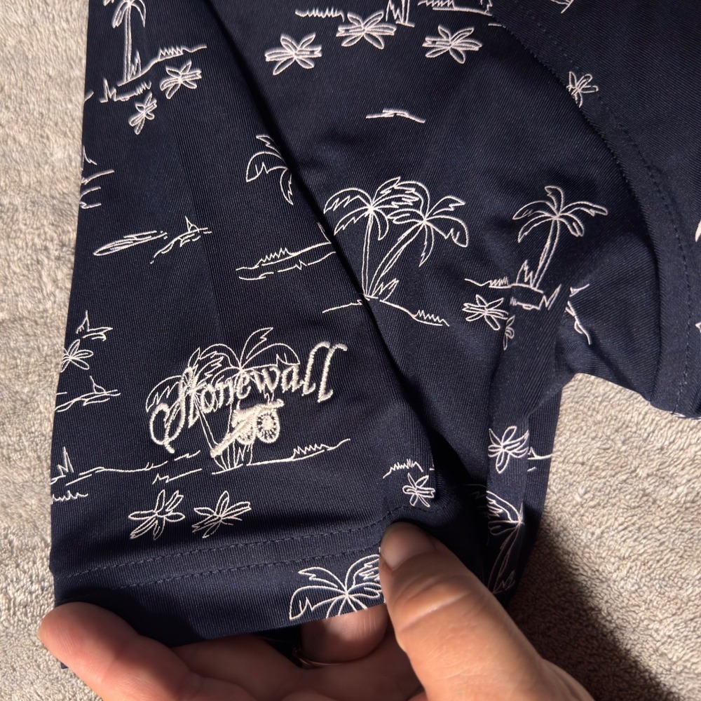 FootJoy Tropic Isle Golf Polo Shirt Navy Blue Palm Tree Print Mens Lrg NWT Logo - Picture 4 of 15
